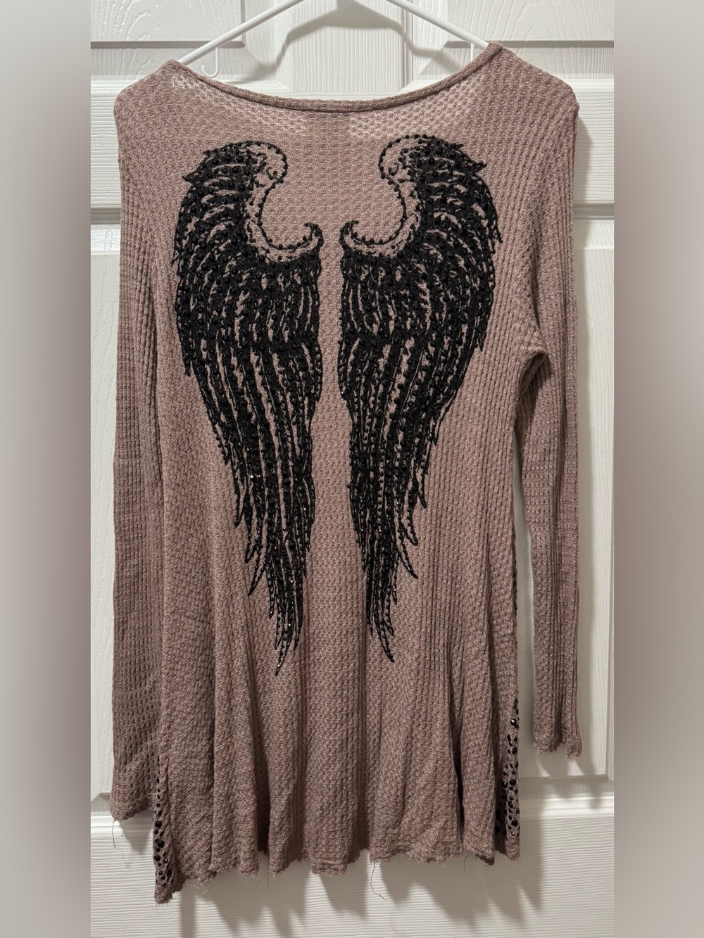 Y2K Waffle Knit Long Sleeve Sweater with Sequin Wing Design - Taupe